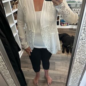 BKE Boutique white open lace long Cardigan M new without tags